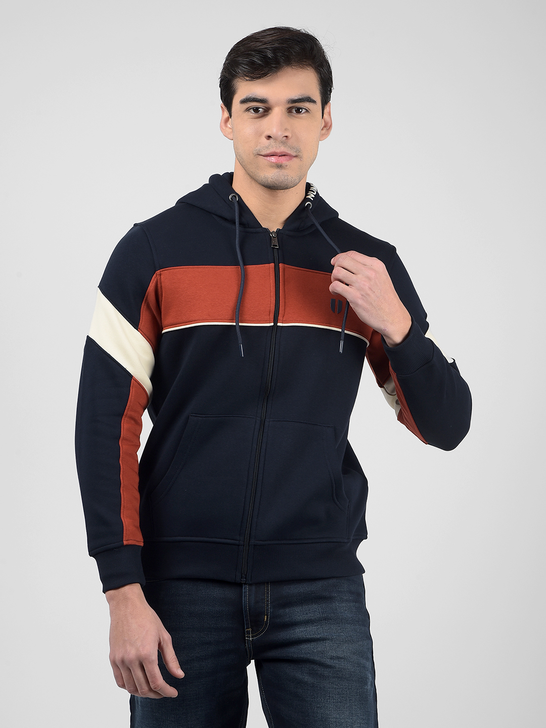 Numero Uno Men Blue Color Block Front Open Zipper Sweatshirt